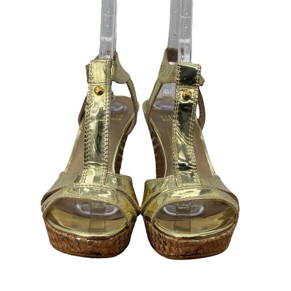 Stuart Weitzman Juty Woven Gold Metallic Wedge Sandal Women 6.5 Resort Luxe Glam - Picture 5 of 9